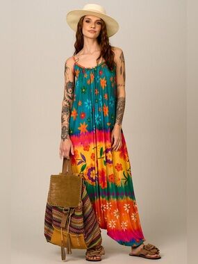 Yacamim Colorblock Floral Jumpsuit in Teal, Yellow & Orange Hippie Boho Stlye